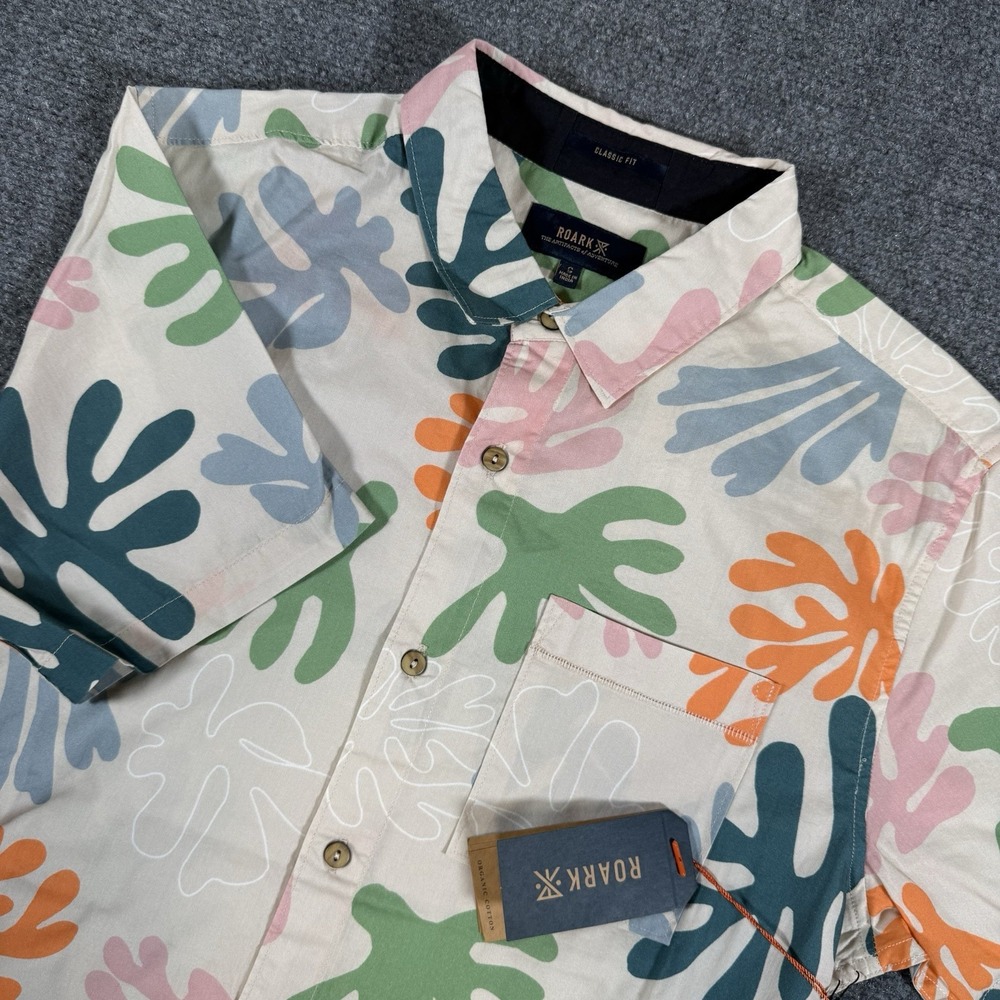 Roark Shirt Mens Small Journey Coral Reefer SS Woven Bone Tan Colorful Leaf New